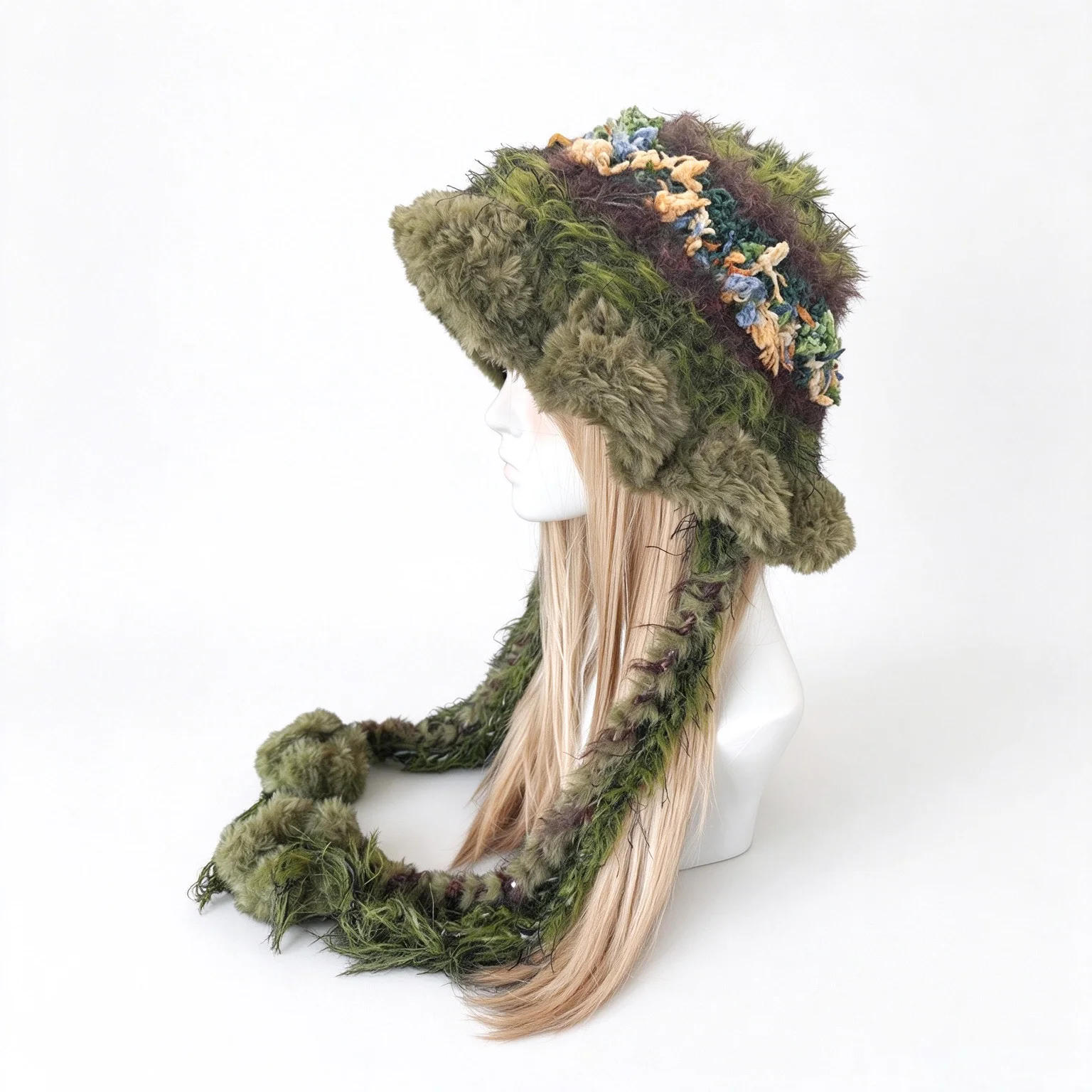 Handmade Forest Green Bucket Hat Women Custom Crochet Flower Ruffled Brim Long Tie Beanie Men Woodland Cosplay Hood Cap Girls