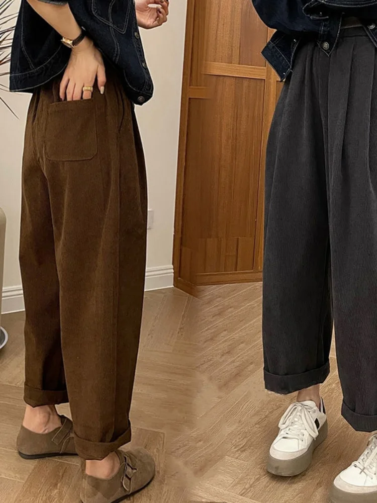 

plus Size Corduroy Wide Leg Pants Women's Casual Trousers Fall Winter High Waist Korean Style And Pear Shape Slimming