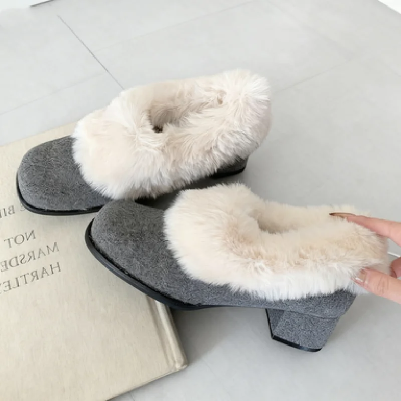 

New Designer Fluffy Plush Warm Chunky Heel Women Pumps Fashion Square Toe Comfort Loafers Street Style Lightweight Casual Shoes