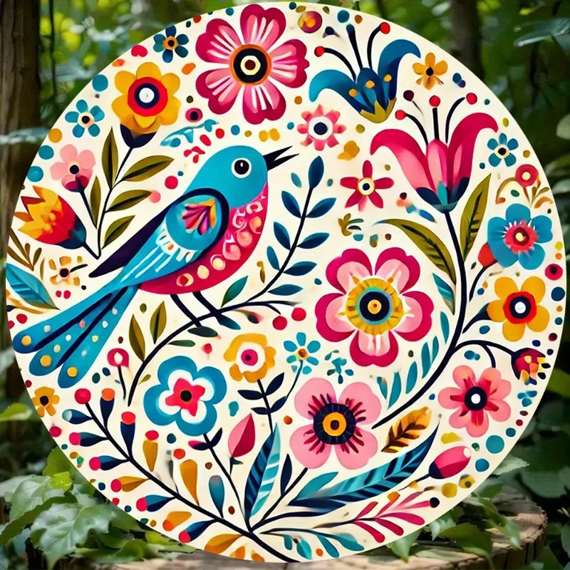 2D Colorful Bird and Flower Round Wall Art |  Aluminum Print,Fade-Resistant, Rust-Proof Decor for Home, Restaurant, Cafe,Garage