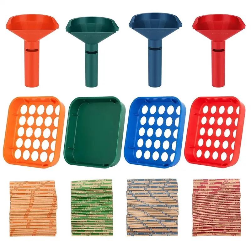 Coin Wrappers Assorted(100 PCS) With Coin Sorter Tray& Tube 4 Color Coded Coin Separation System
