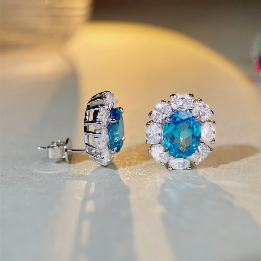 PT950 Platinum Ear Studs with Blue Sapphire and Full Diamond Ear Jewelry for Women