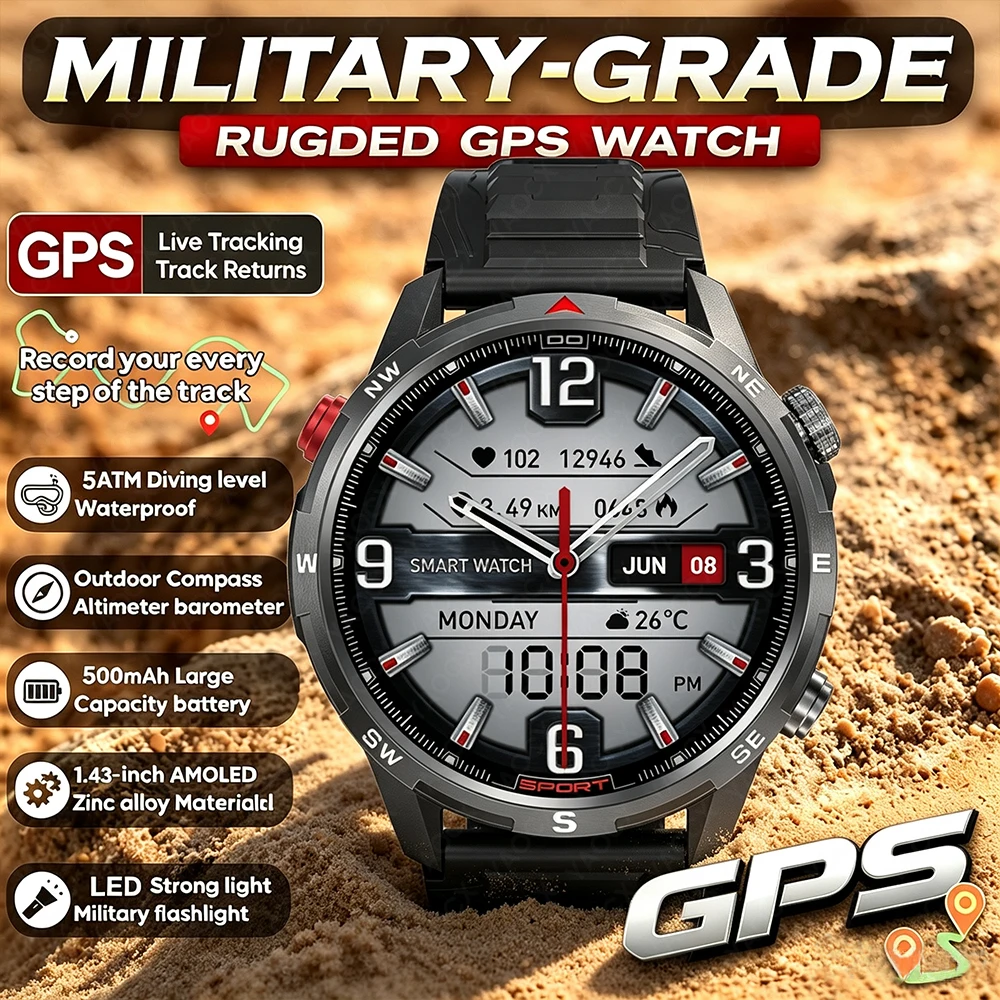 Altimeter Compass Watch - Neue GPS-Smartwatch in Militärqualität mit LED-Taschenlampe,
