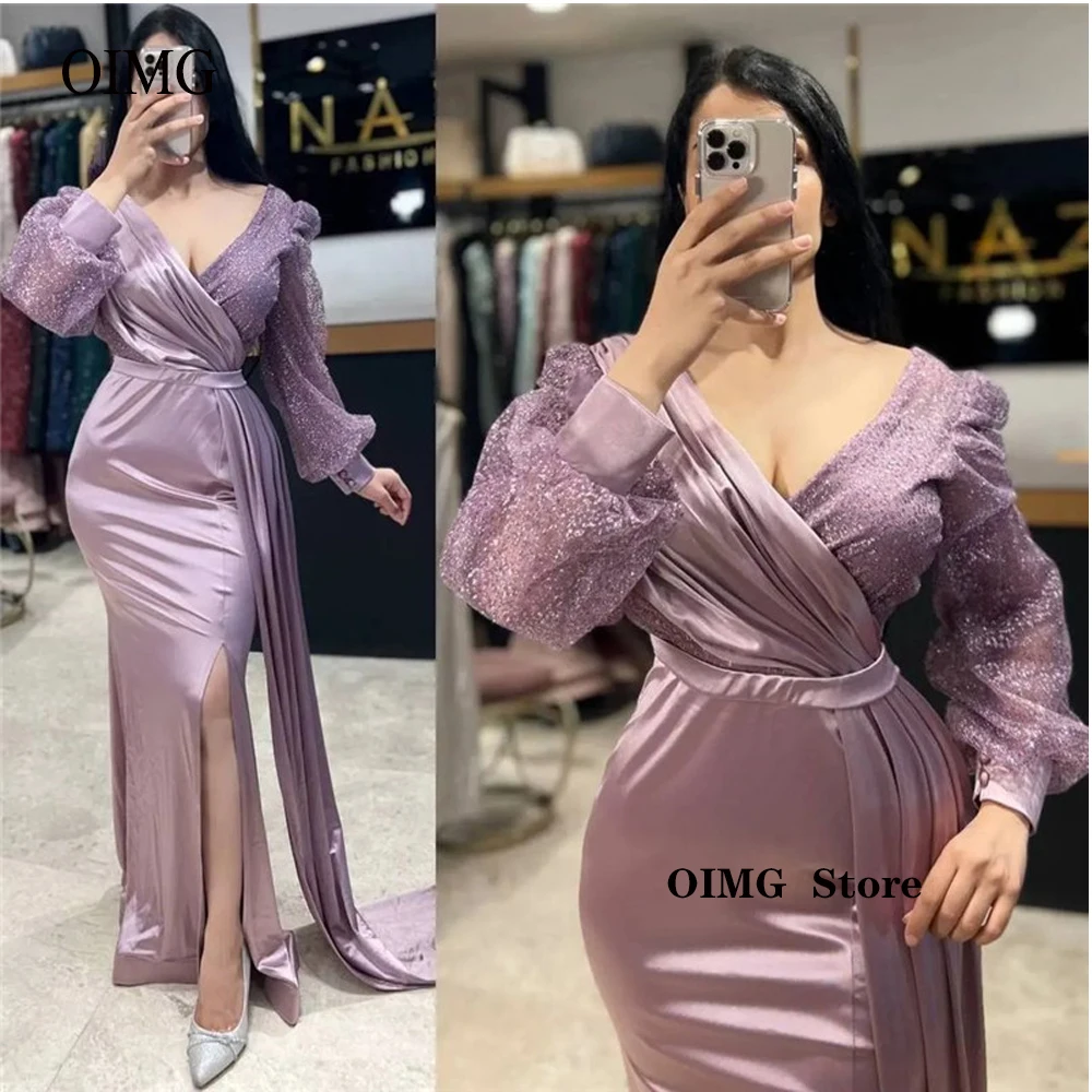 

OIMG Glitter Puff Long Sleeves Mermaid Evening Dresses Plus Size V Neck Slit Saudi Arabic Prom Gowns Green Formal Party Dress