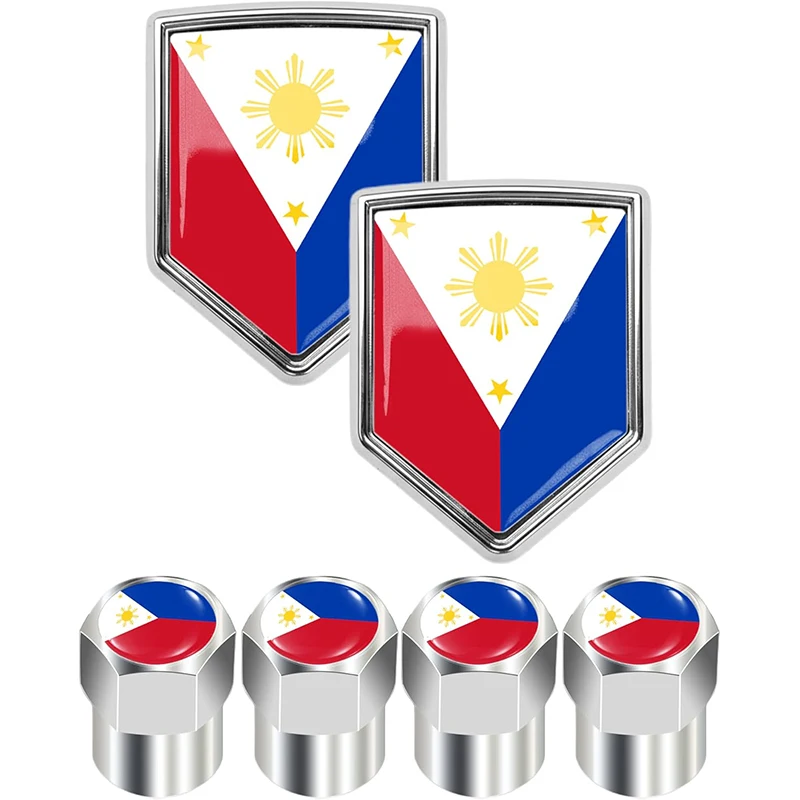 

2-Pack Philippines Flag Shield Decals & 4-Pack Valve Stem Caps for Cars SUVs Trucks Durable Philippine Flag Auto Accessories