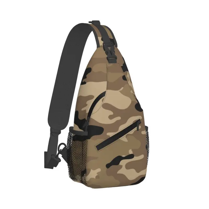 

Custom Brown Woodland Camo Pattern Crossbody Sling Backpack Men Casual Camouflage Chest Shoulder Bag for Traveling Daypack