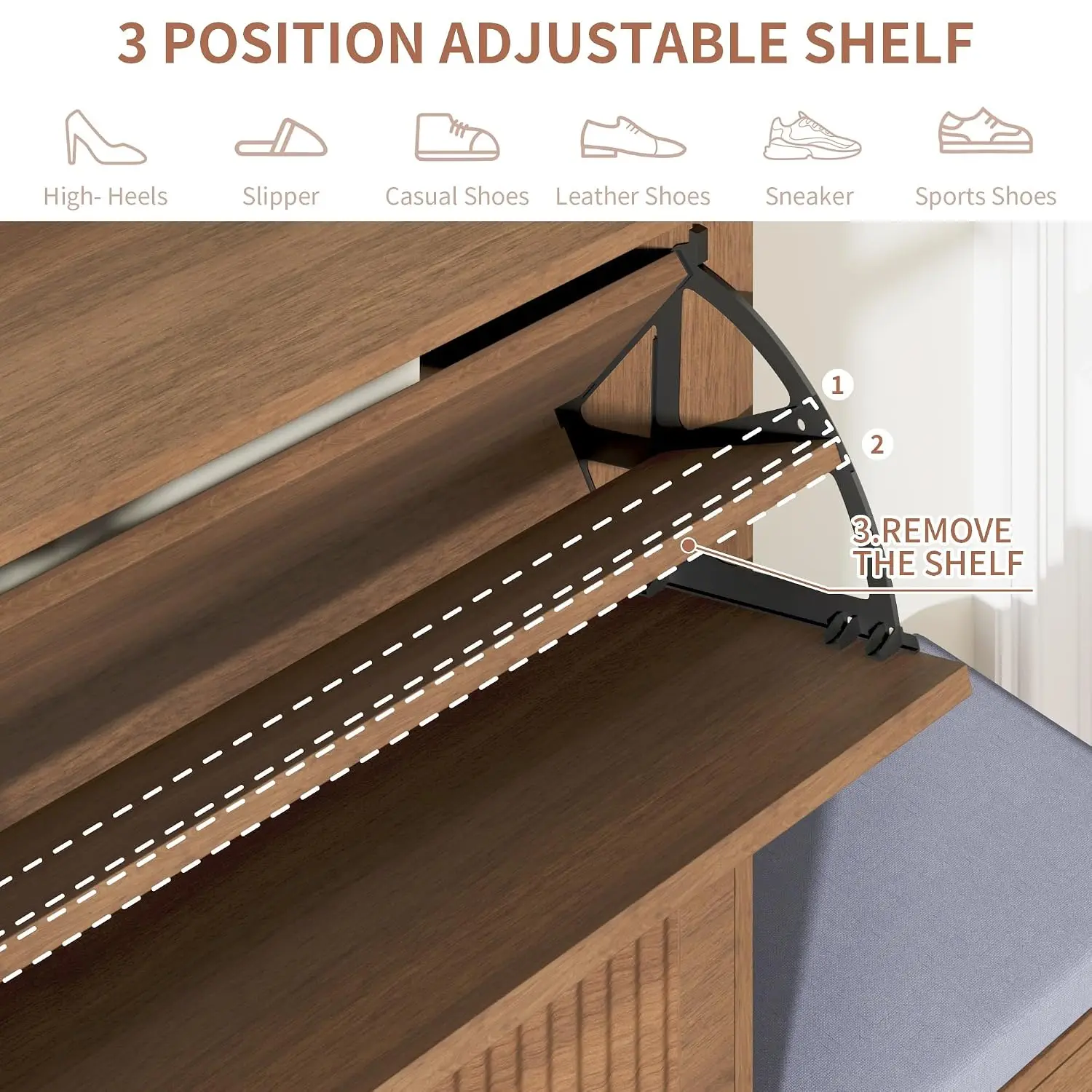 Shoe Storage Cabinet Bench 4 Flip Drawers Walnut, Customized