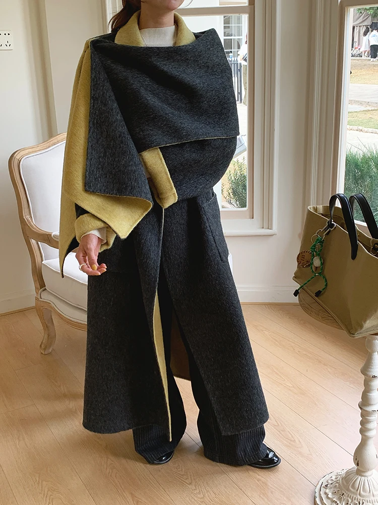

With Scarf Office Lady's Woolen Jackets 2025 Autumn And Winter Suit Collar Loose Double-Sided Wear Long Women's Wool Coats