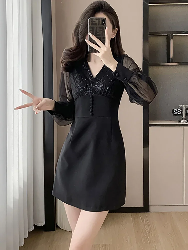 Spring Black Patchwork Mesh Sheer Sexy Mini Dress Women Korean Vintage Elegant Casual Dress 2024 Fashion Chic Festival Vestidos