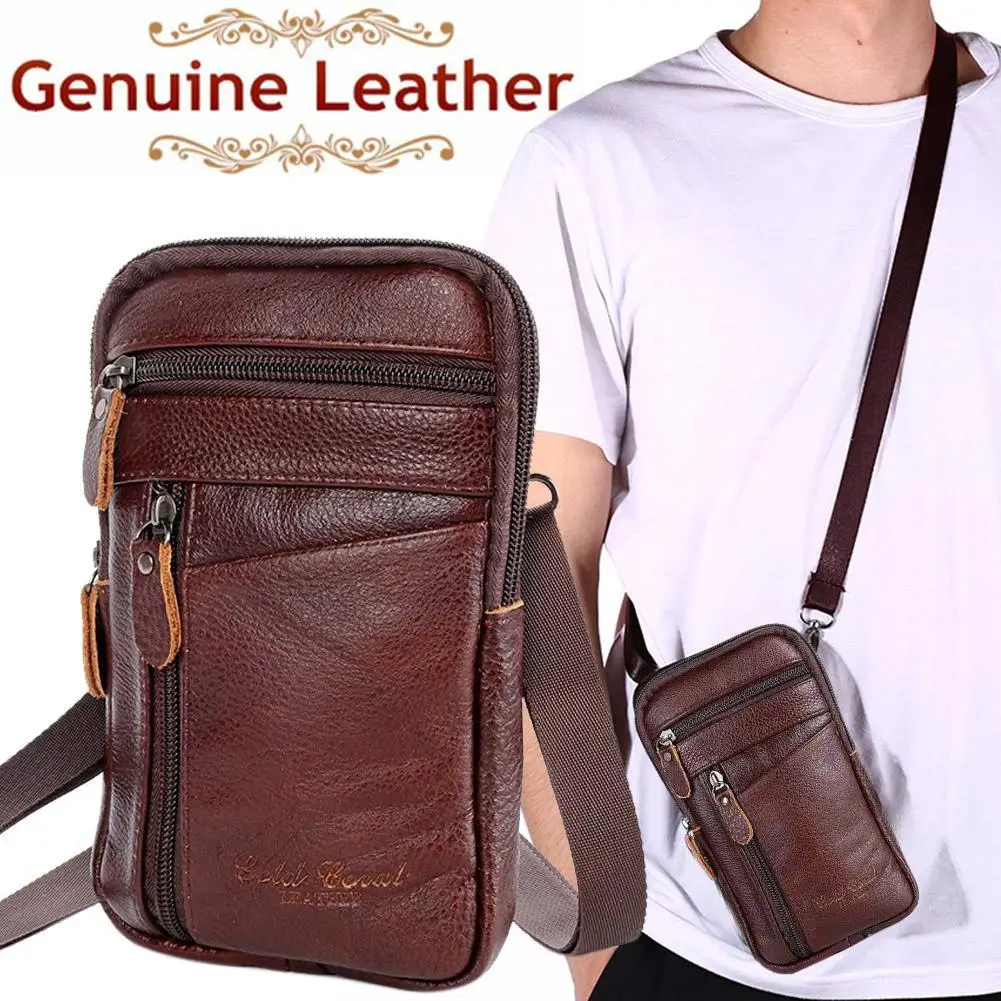 Leather Waist Bag Men's Mobile Phone Bag Wearing Belt Outdoor Sport One Shoulder Small Bag Doing Business Crossbody Bags