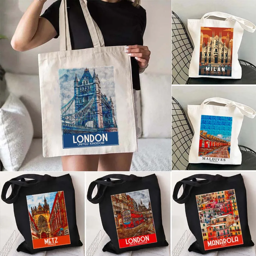 London Lublin Poland Lyon Metz France Milan Duomo Maldives Manarola Shopper Harajuku Eco Canvas Tote Bag Cotton Shopping Handbag