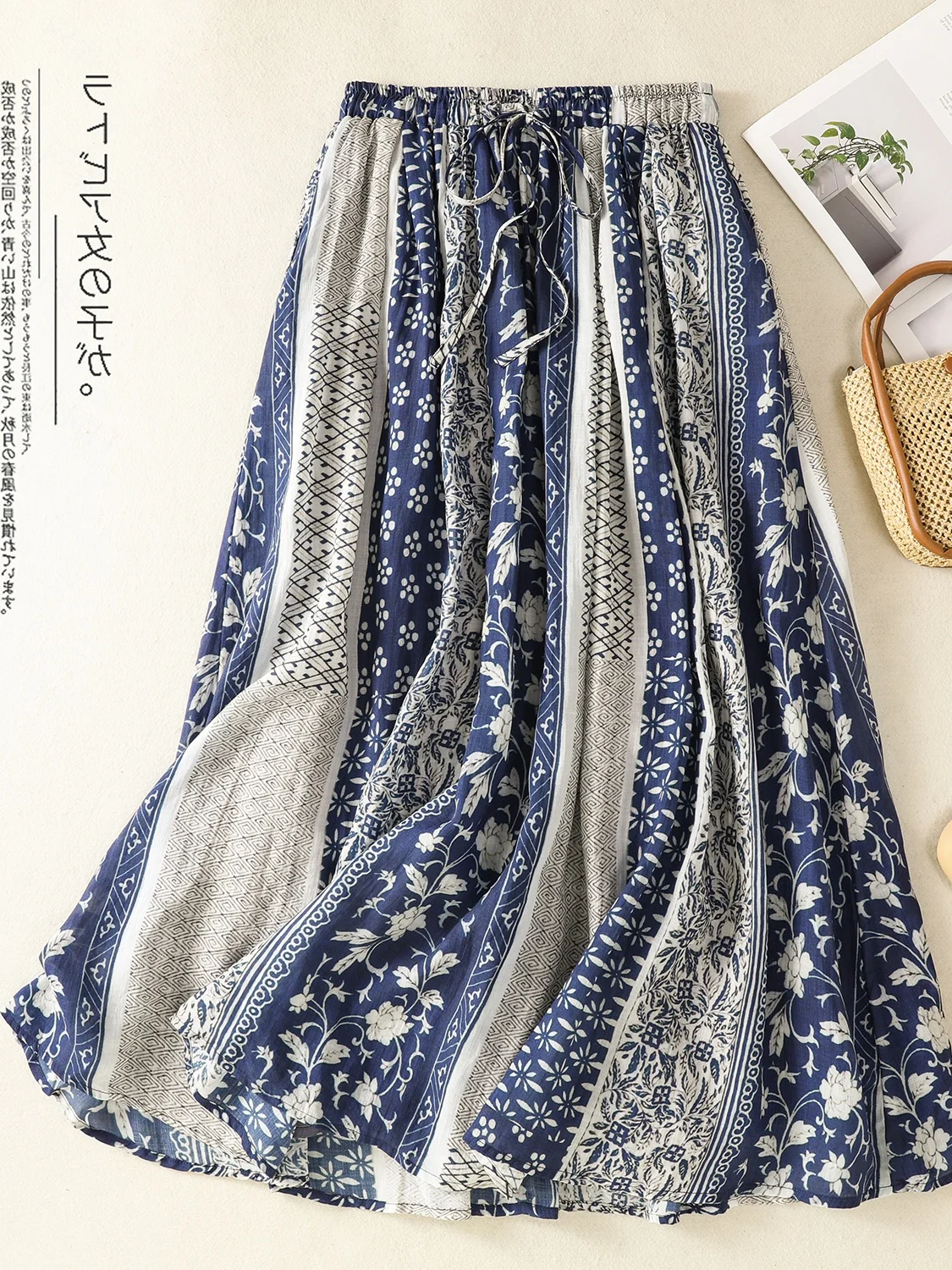 

Retro Print f Skirt Women's Summer 2025 Loose Fit High Waist Draped Double Layer Cotton Linen A-Line Midi Skirt