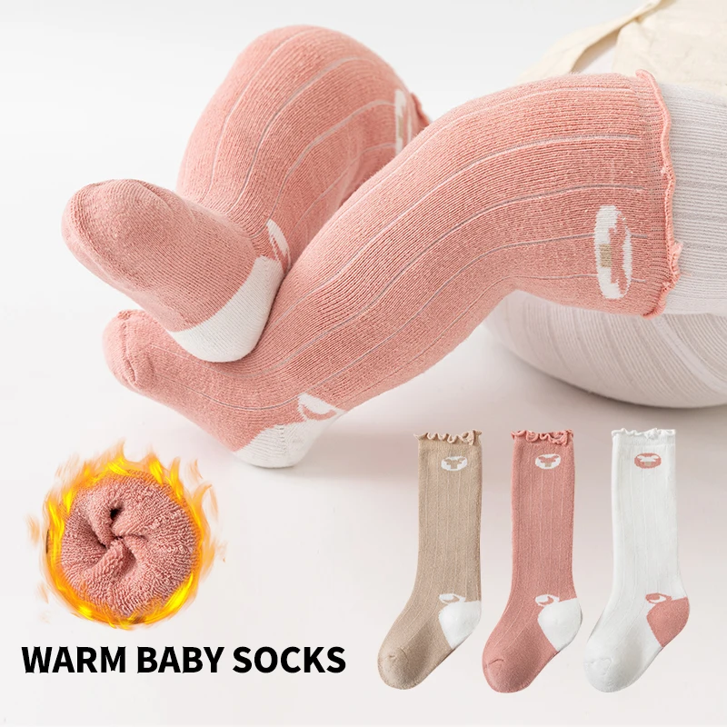 

3 Pairs Baby Knee-High Socks Set for Winter Thick Cotton Soft Unisex Cartoon Moon Pattern Socks for Boys And Girls