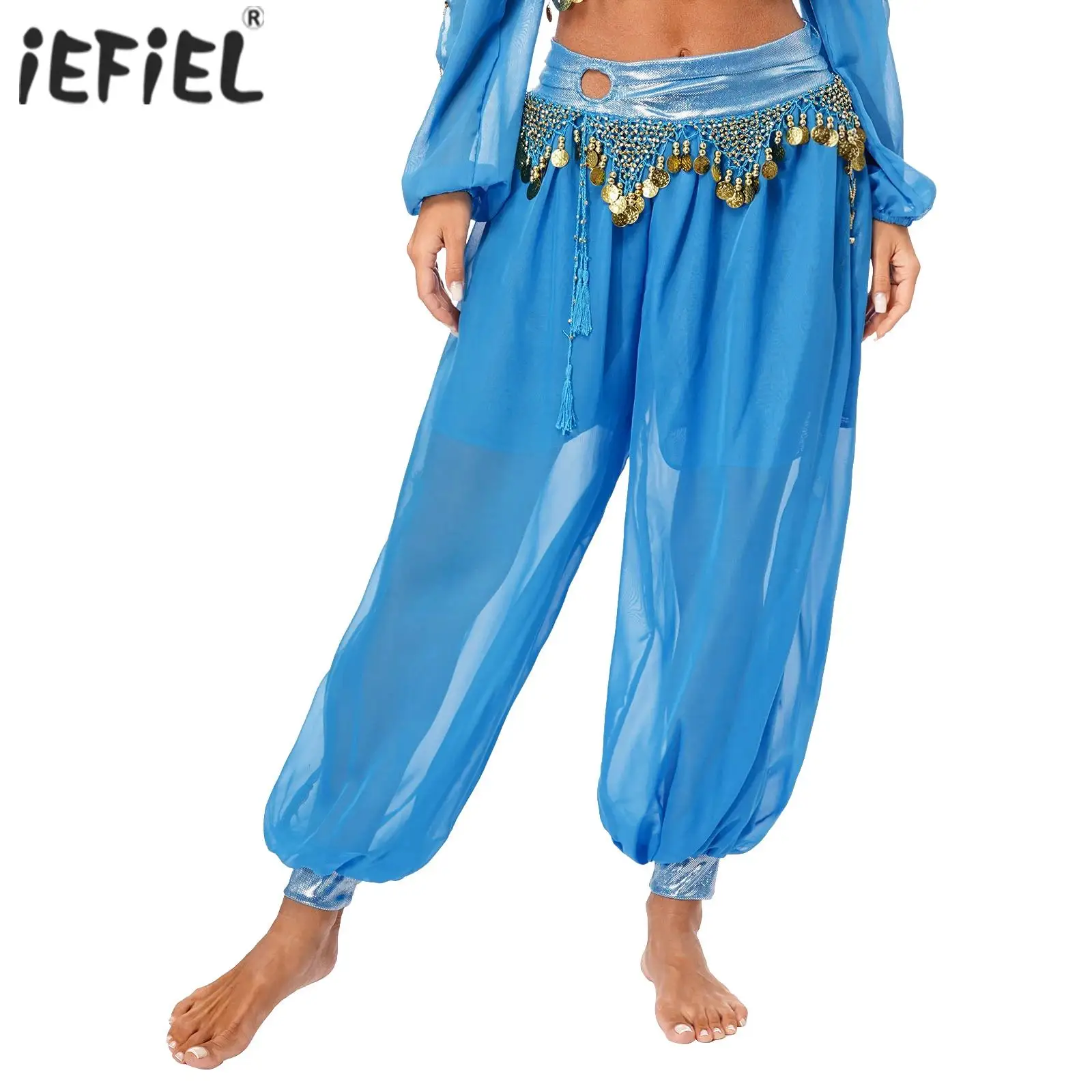 Women Belly Dance Pants Carnival Party Costume Chiffon Plastic Beads Tassels Bloomers Metallic Ruched Waistband Side Split Pants