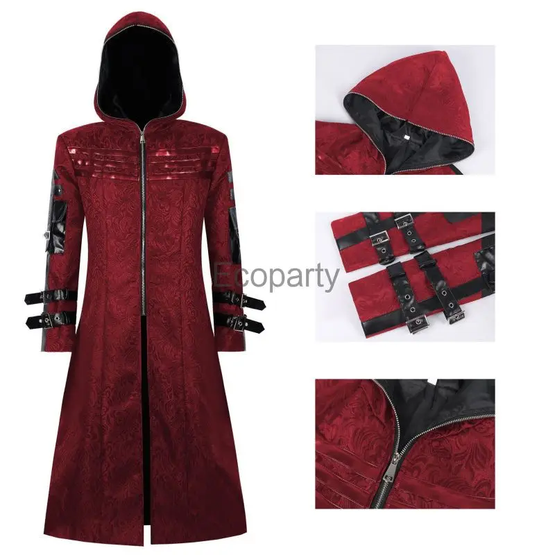 Men Medieval Steampunk Costume Black Red Victorian Gothic Vintage Assassin Elves Pirate Cosplay Costume Gothic Pu Leather Jacket