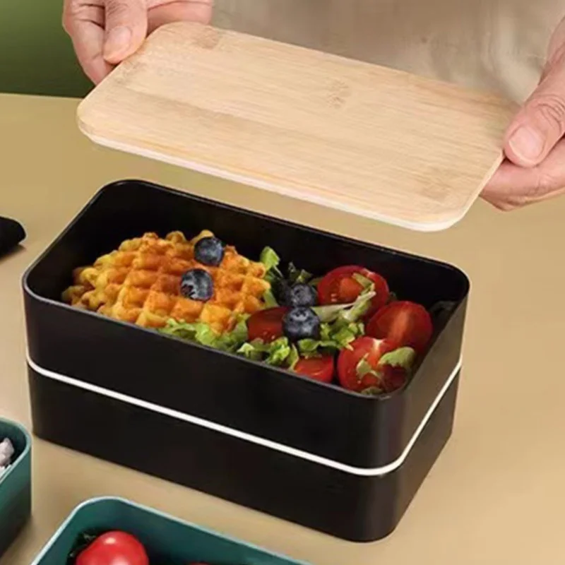 Double Layer Bento Box Multipurpose Wooden Lid Compartment Bento Lunch Box For Work School Home 1200ML Black