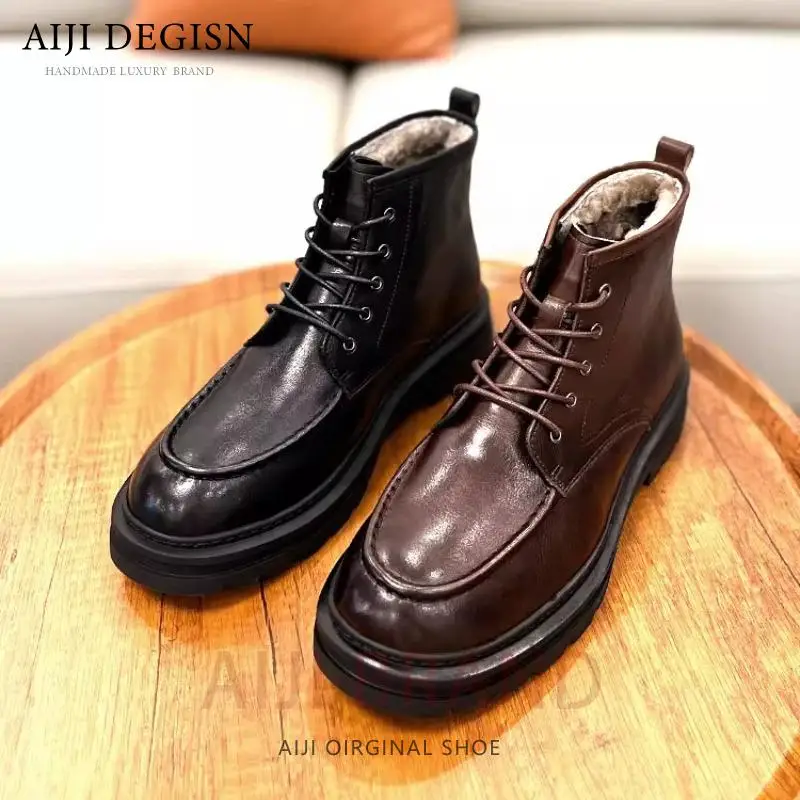 

High End Snow Boots Men's Shoes Lace Up Derby Genuine Leather Thick Sole Casual Business Formal High Top Ankle Chelsea Boots