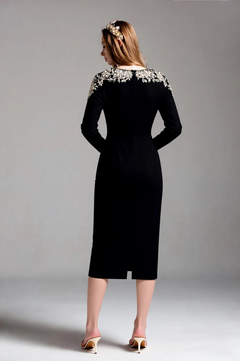 فستان كوكتيل نسائي بأكمام طويلة مع نير مزين بالكريستال الذهبي - سهرة أنيقة، حفلة، فستان أم العروس #4