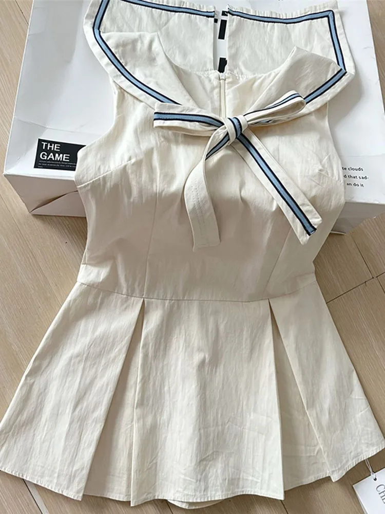 Fashion Sailor Collar Sleeveless A-line Dress Women Sweet Cute Bow Mini Dress Summer 2024 Retro One-Piece Frocks Preppy Style