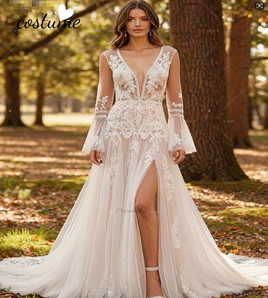 Gypsy Celtic Bohemian Wedding Dress 2026 Sexy Slit Lace Boho Bride Dress Long Sleeve Mythical Woodland Bridal Gowns Celtic fairy