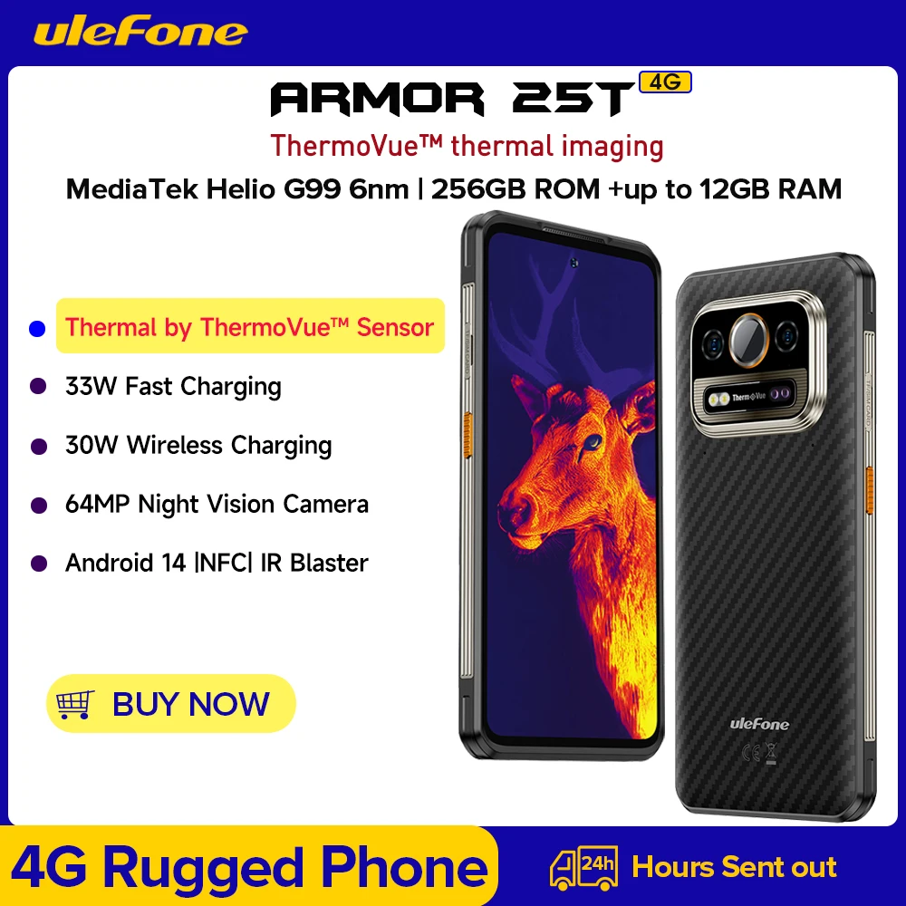 Ulefone-armadura 25T 4G imagem térmica telefone robusto, 33W, 50MP + 64MP, NFC, Android 14, ROM 256GB, à prova d'água, 2022, Novo