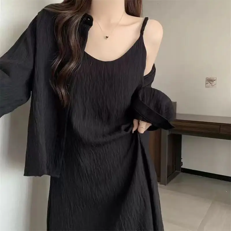 Summer High Street Black Mid Length Dress Korean Fashion Solid Vintage Backless Sexy Elegant Sleeveless All-match Slip Dress New