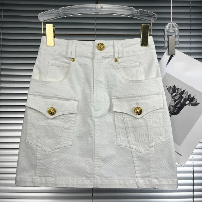 2024 New Summer High Quality Cotton Office Lady Black White Gold Buckle Button Fashion Denim Skirt for Women