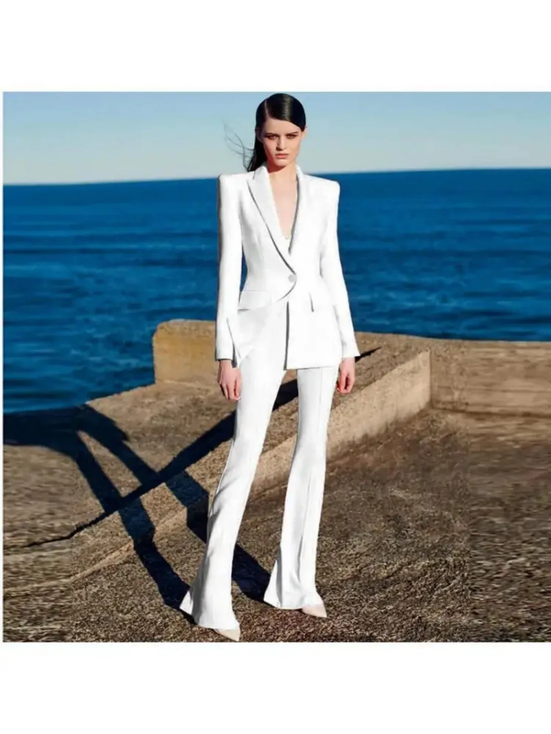 

Summer Fashion Business Wear Fashion Elegant One Button Suit And Flared Trousers Pants Sets For Women 2 Pieces Casual Customized