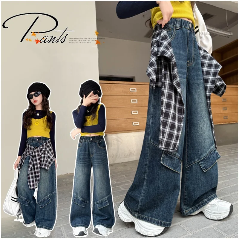 

Girls Jeans 4-14Year Teen Wide Leg Denim Teenage Vintage Trousers Toddler Girl Casual Fashion Denim Bottom Kids Softy Long Pants
