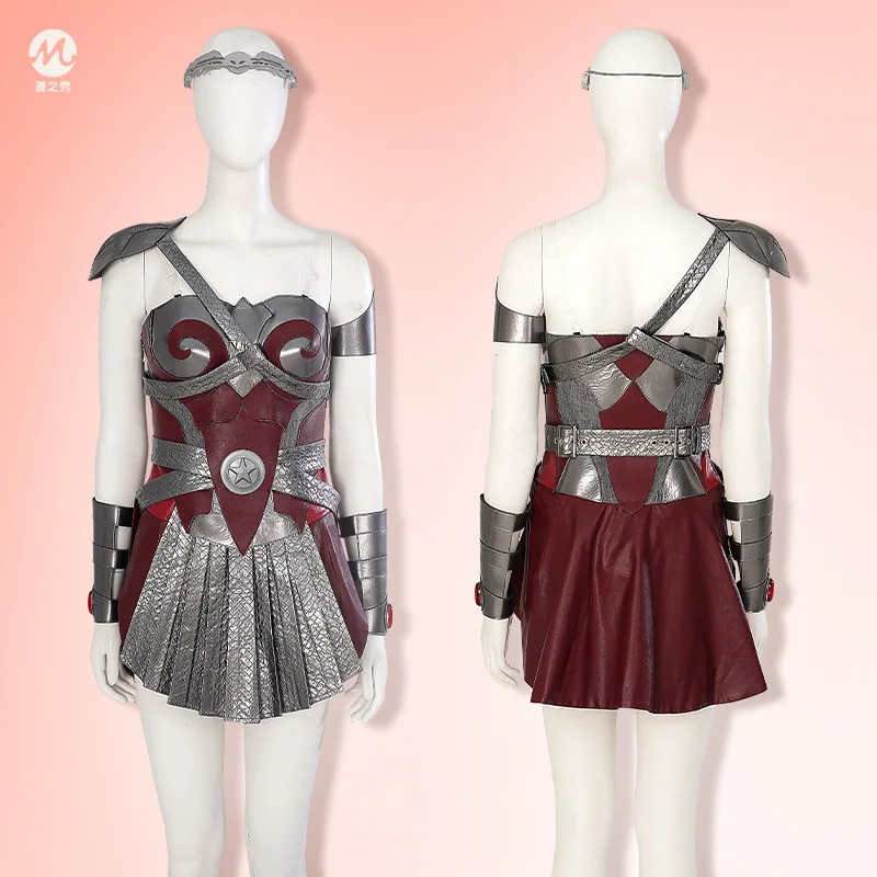 Disfraz de cosplay de la reina Maeve de la popular serie de televisión de superhéroes, vestido de armadura roja y plateada, conjunto completo con diadema para mujer, Halloween