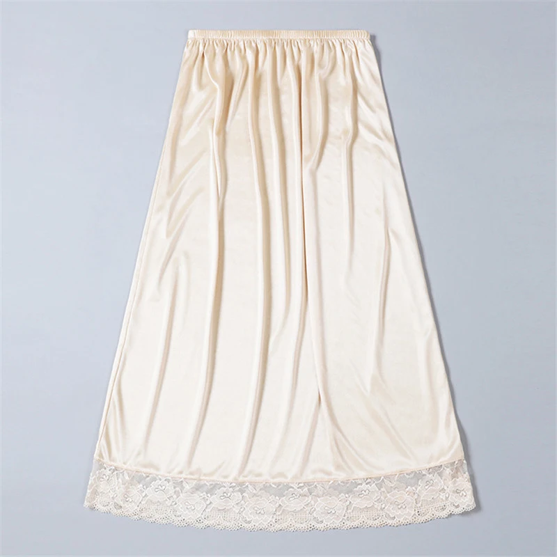 Women 75cm Lace-Edged Half-length Bottoming Skirt Ice Silk Lightweight Anti-glare Lining Skirt Solid Mid-length Female Half Slip