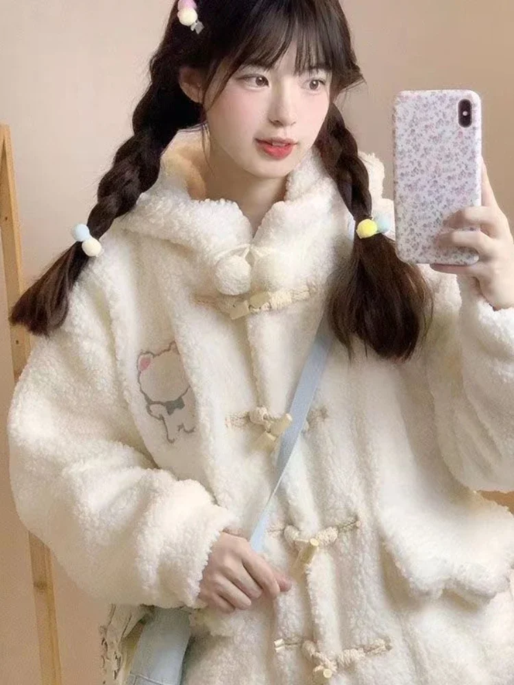 White Lolita Kawaii Wool Coat Women Loose Japanese Sweet Cute Hooded Jacket Female Pockets Korean Casual Coat Warm Winter 2024