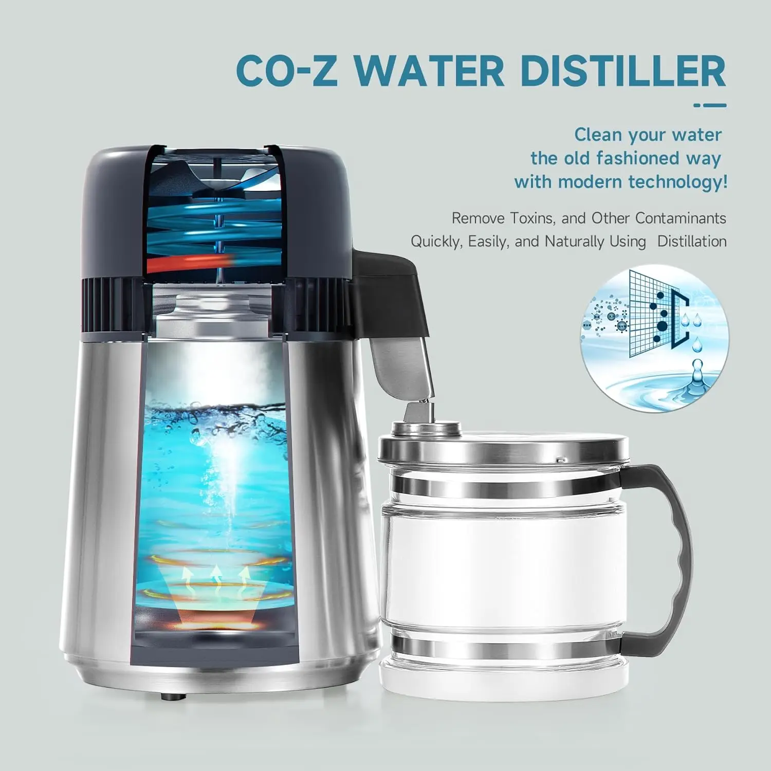 Steel Countertop Distiller Machine, Home Distilled Water Maker with Glass Pot, Purifier to Make Clean Water