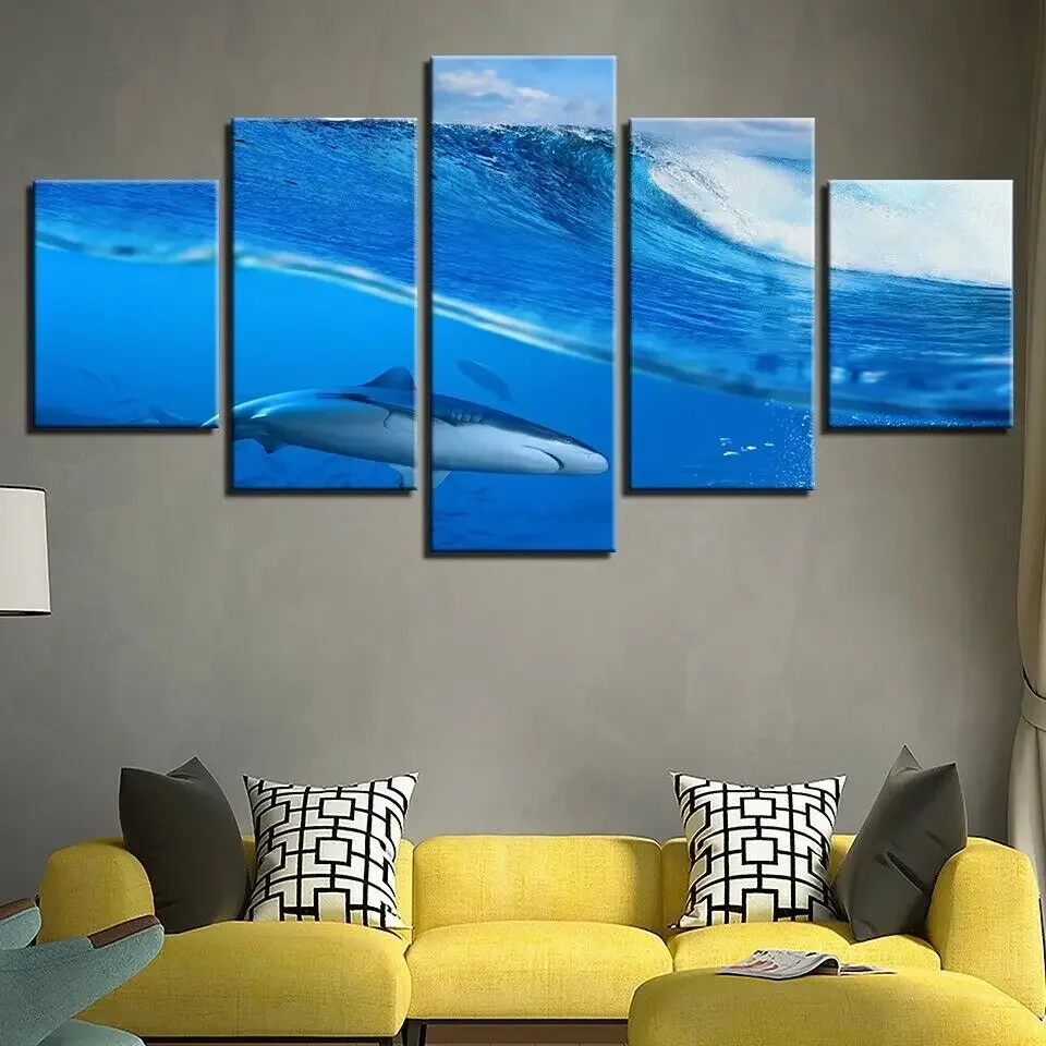 No Framed 5 Piece Canvas Blue Deep Sea Shark Painting Wall Art Print Home Decor HD Pictures Poster