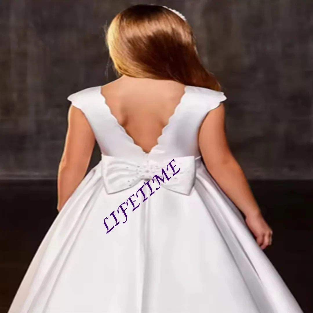 Vestido largo personalizado de satén para boda, cumpleaños, comunión, vestidos de fiesta de boda para niños, vestidos sencillos de flores con lazo para niña B