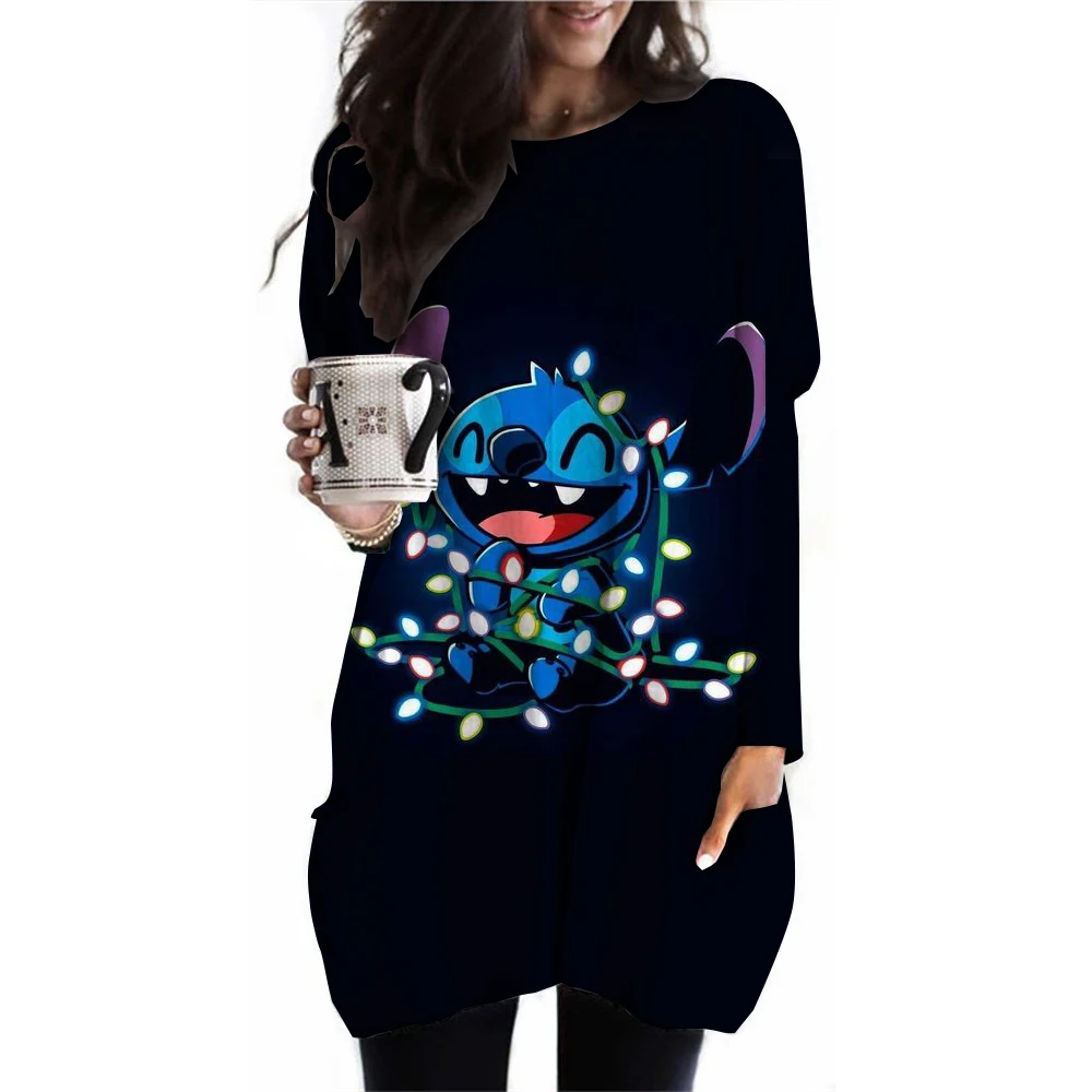 Spring Disney Lilo&Stitch Long Sleeve Round Neck T-shirt with Pocket Length T Women\'s Autumn Clothing Casual Loose Home