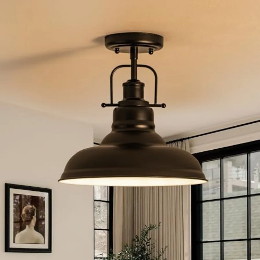 Famrhouse Ceiling Light, Semi Flush Mount Light Fixture with Metal Dome Shade, Balck Ceiling Light for Hallway, Entryway, Kitch