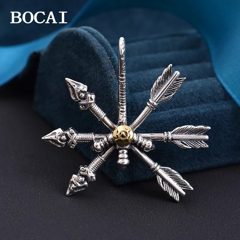 BOCAI New S925 Sterling Silver Retro Personalized Trendy Bow and Arrow Cross Feather Pendant Male and Female Gift