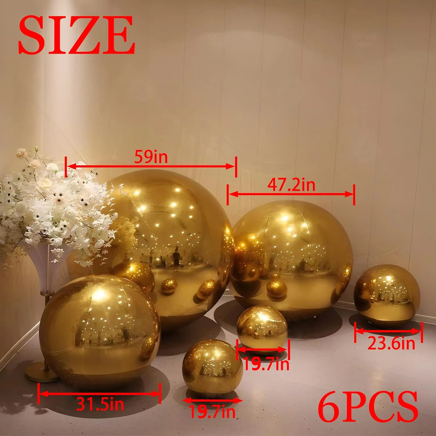 6PCS Inflatable Mirror Balls Gold Reflective Balls Hanging and Standing Inflatable Disco Balloon for Parties and Wedding Event