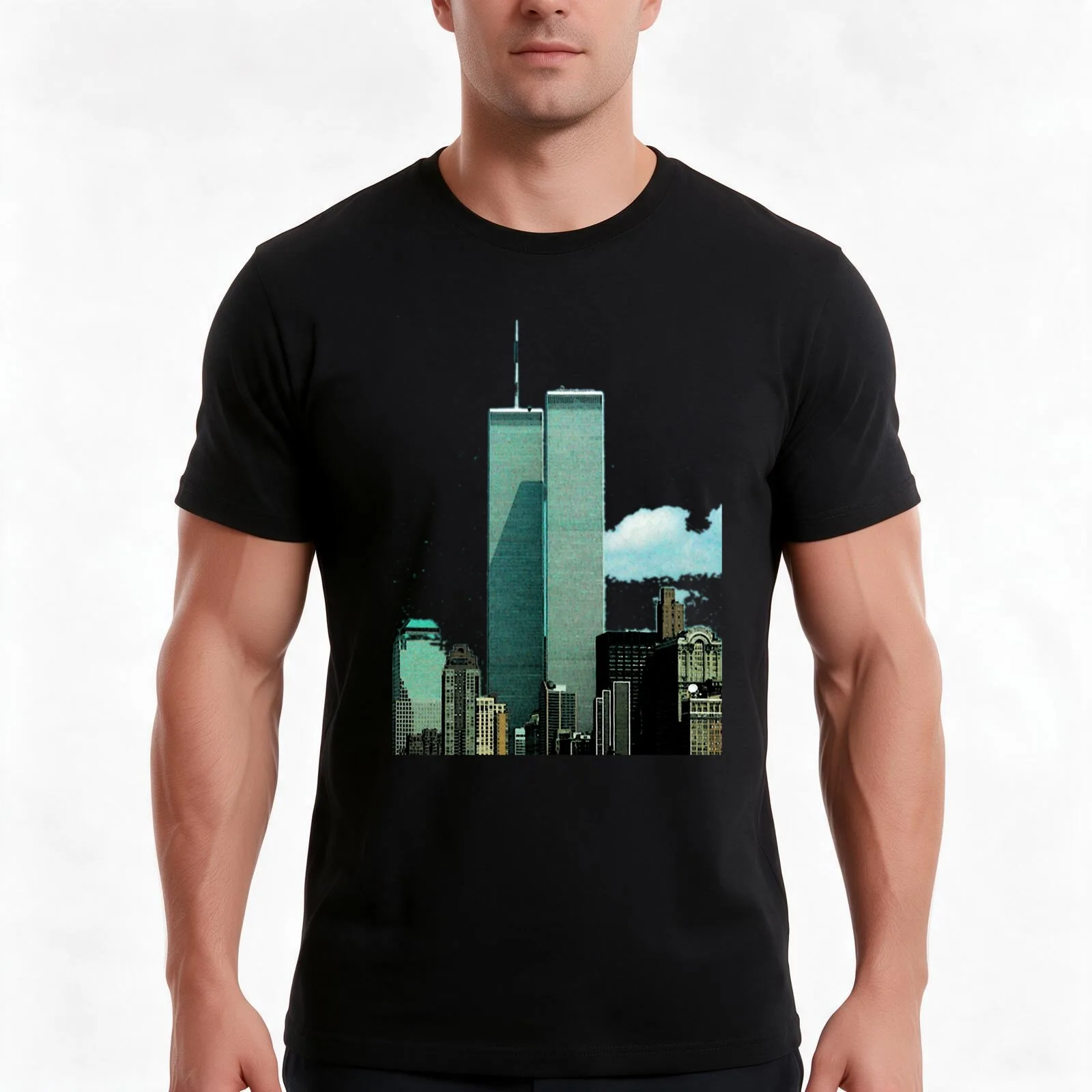 Twin Towers Remember T-Shirt, Summer Casual Cotton Tee, Oversized Streetwear Tops, Vintage Graphic Print, Loose Fit Short Sleeve