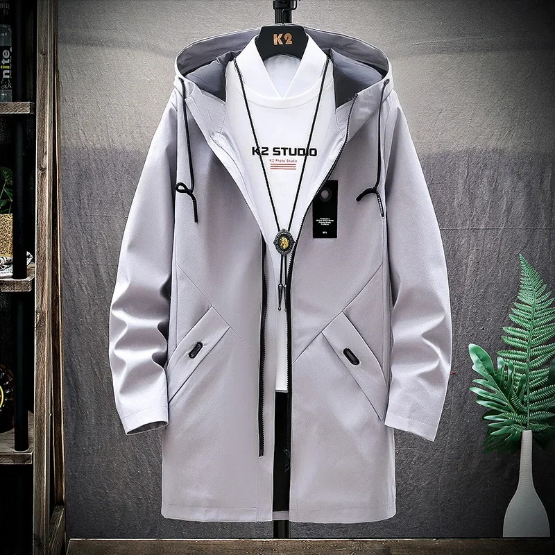 Autumn and Winter Korean Style Men Cardigan Mid-length Trench Coat Men\'s Hooded Solid Jacket Casual Windbreaker Male 8929