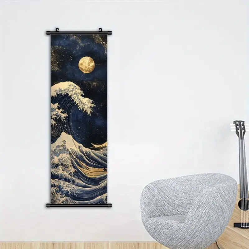Vertical Scroll Wave Tapestry Decorative Hanging Cloth Retro Japanese Ukiyo-e Scroll Mural Living Room Entrance Wall Room Decor