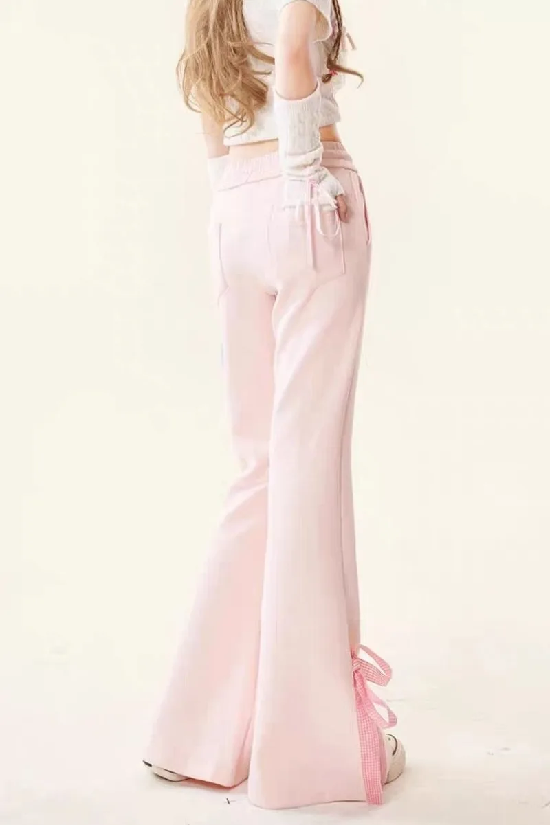 Girls' Pink Bow Flare Pants 2026 Spring Casual Wear Petite Stretchy Micro Flare Jeans for Kids Trendy Sweet Cool Long Trousers