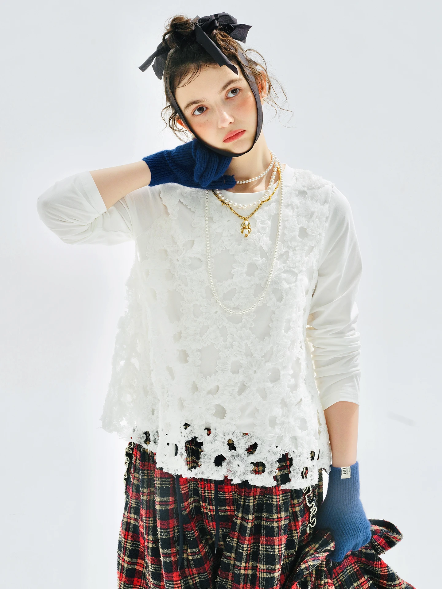 

T-shirt imakokoni2025 original autumn sweet literary knitted lace long-sleeved women's top 255123