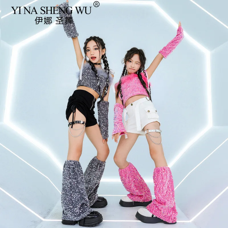 Costume da jazz con paillettes rosa Vestito da palcoscenico per ragazze Hip Hop Pantaloncini bianchi neri Kpop Kid Glitter Abiti di moda Vestito da spettacolo di danza