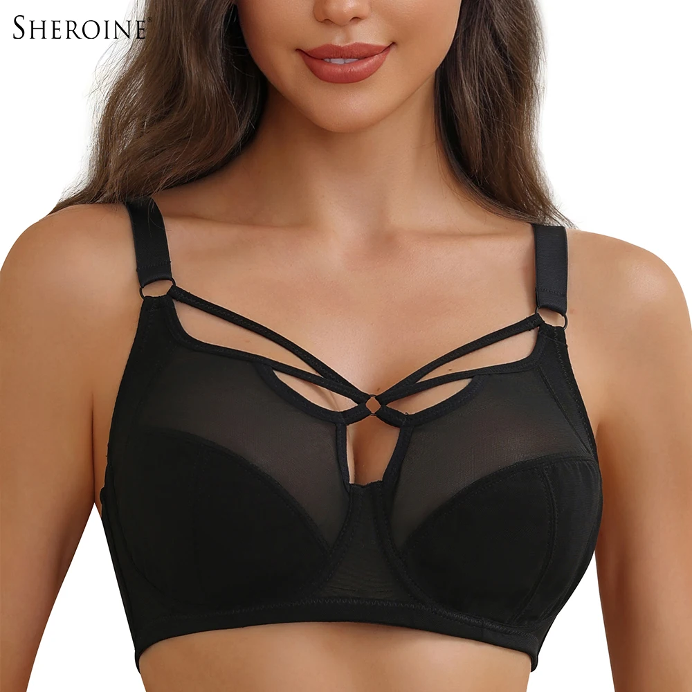 

Sheroine Lace Underwire Sexy Strappy Bra Plus Size See Through Unlined Full Coverage Bras High Support for Big Breasts