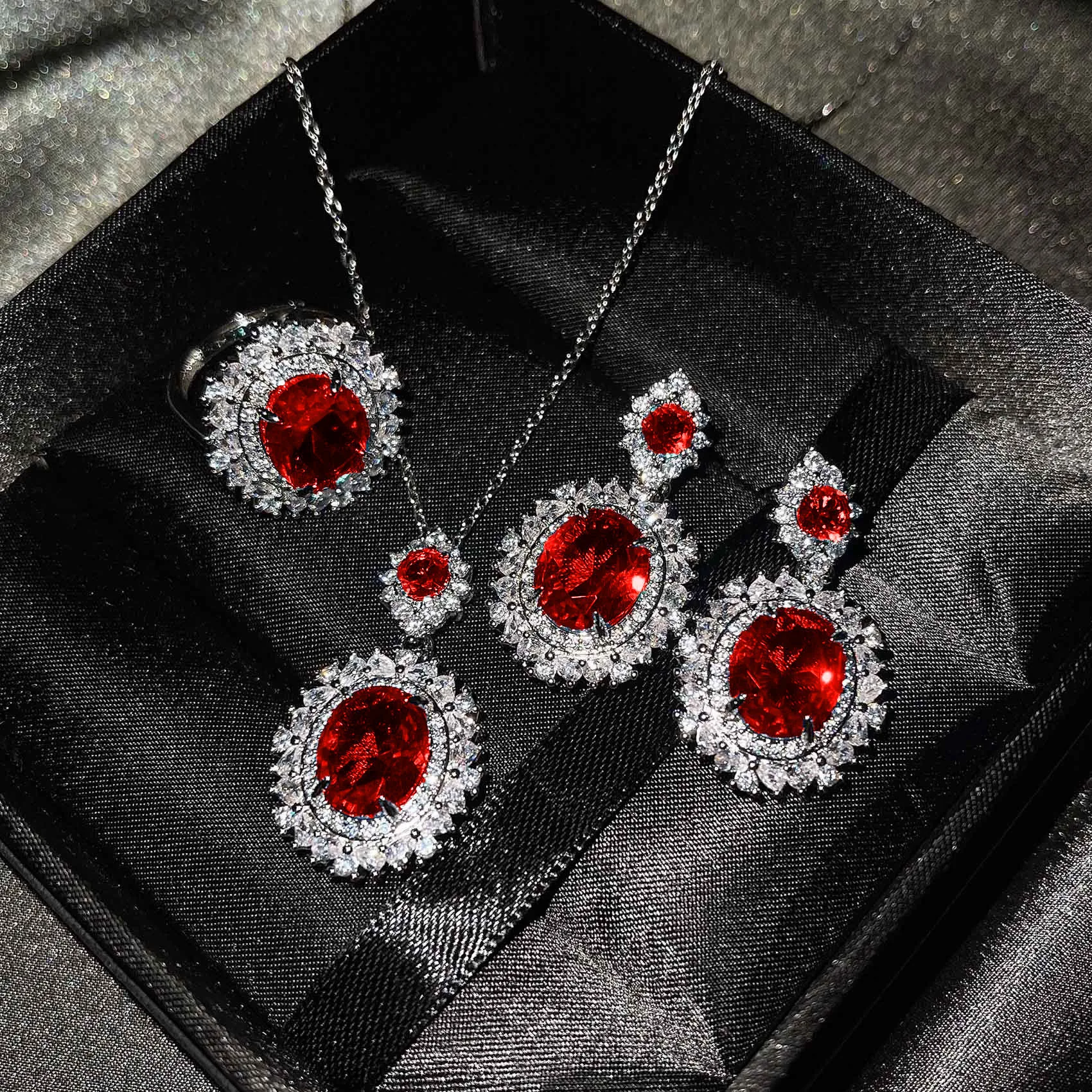 New Exquisite Noble 925 Silver Plated Jewelry Sets AAAAA Zircon Stone Female Wedding Bridal Ring Earring Necklace Accessories