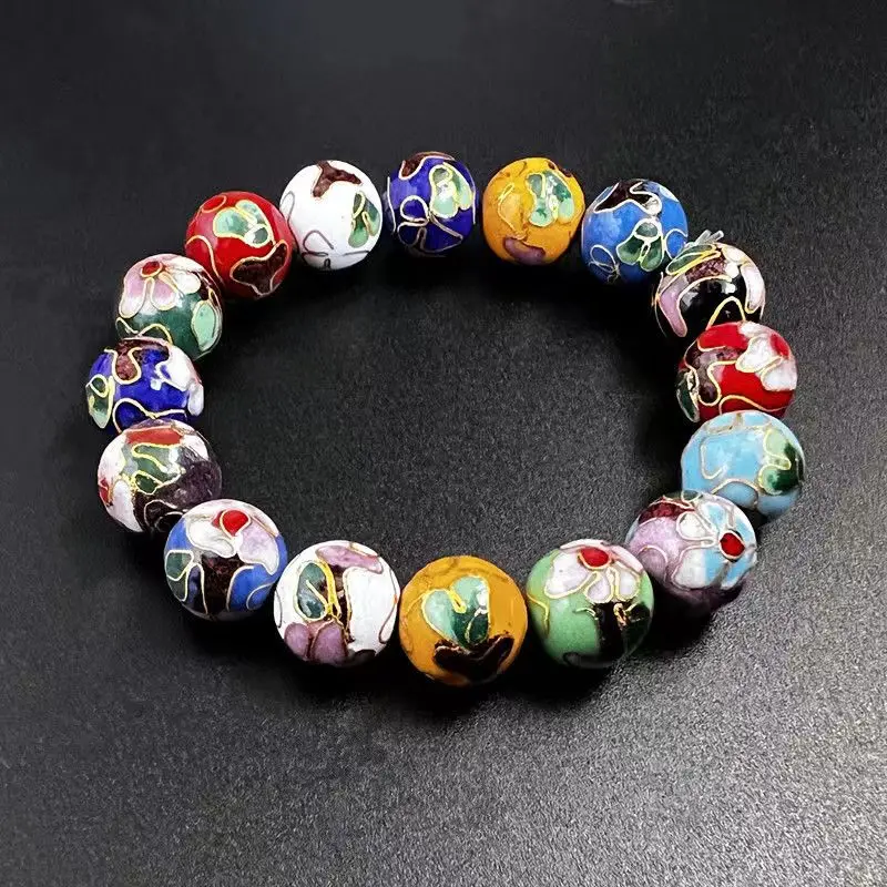 Fine Cloisonne Enamel 12mm Beads Bracelets for Women Jewelry Chinese Intangible Cultural Heritage  Elastic Rope Copper Bangle