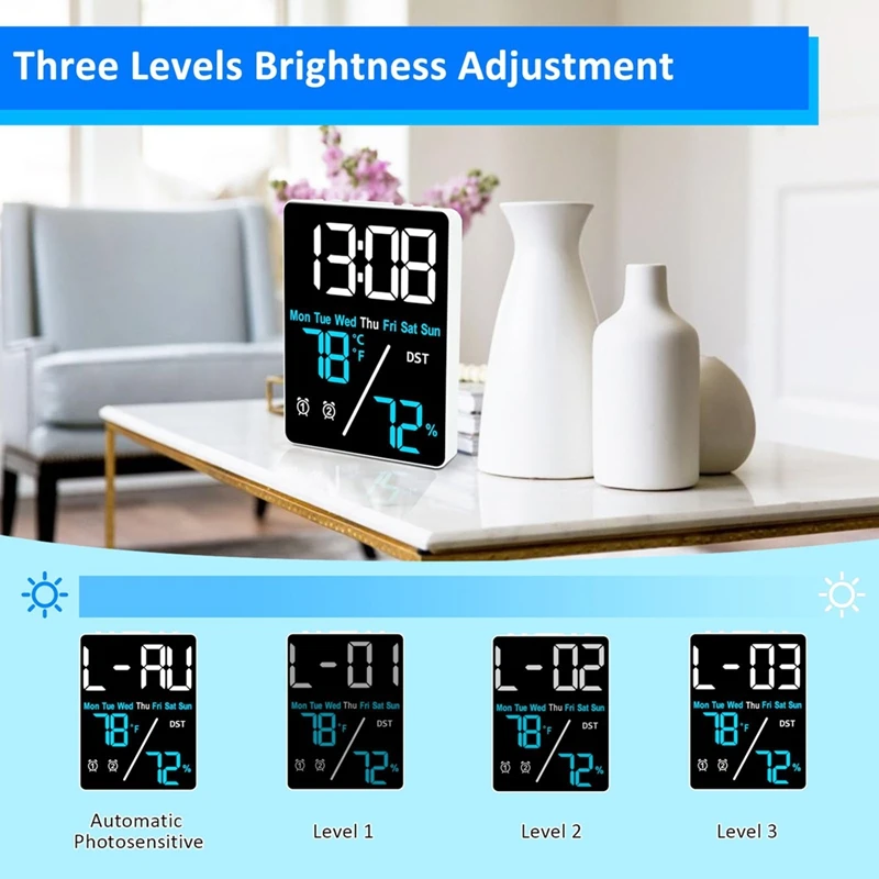 ABGG-Servometro digitale igrometro sveglia per scrivania, misurazione dell'umidità e della temperatura interna con display a LED
