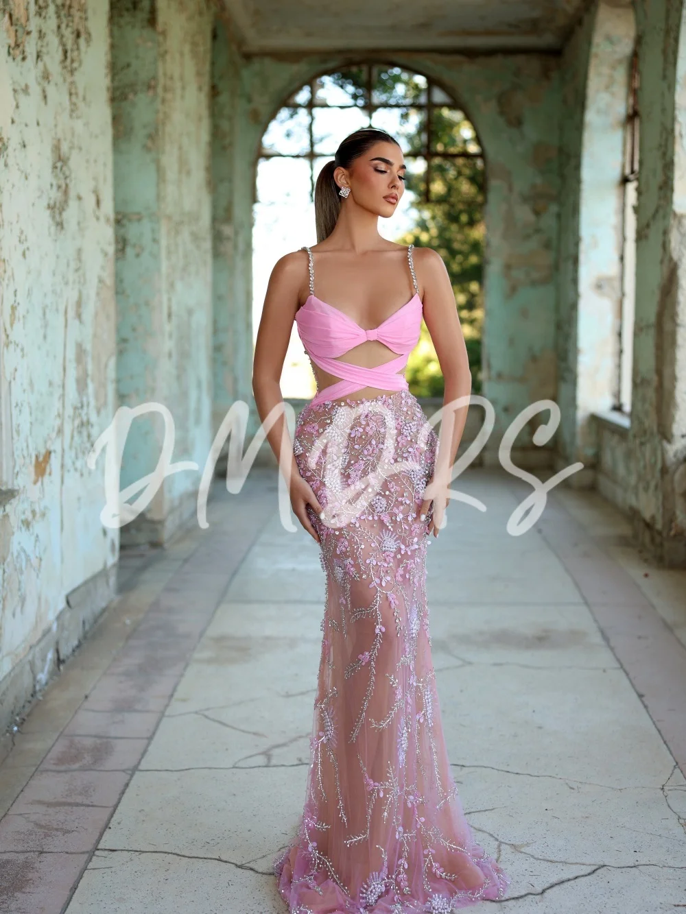 

Luxurious Spaghetti Strap Evening Dress Charming Waistless Beaded Party Gown Classic Chiffon Floor Length Party Dresses فساتين س
